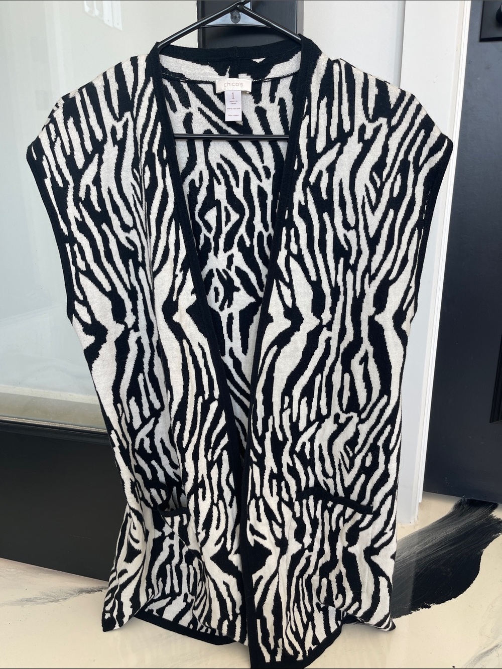 Chico's Black & White Zebra Knit Open Cardigan